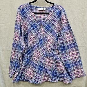 Denim & Co Faux Surplice V-Neck Plaid Plus Size Blouse Size 3X